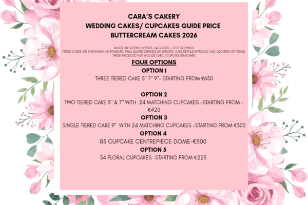 Cara’s Cakery Wedding Cakes_ Cupcakes Buttercream Price guide